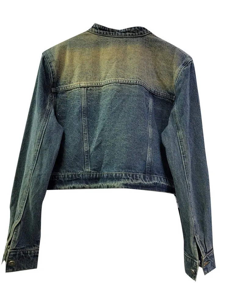 Casual Denim Jackets For Women Stand Collar Long Sleeve Patchwork Diamonds Loose Jacket Female Fashion Clothing