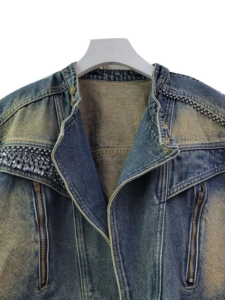 Casual Denim Jackets For Women Stand Collar Long Sleeve Patchwork Diamonds Loose Jacket Female Fashion Clothing