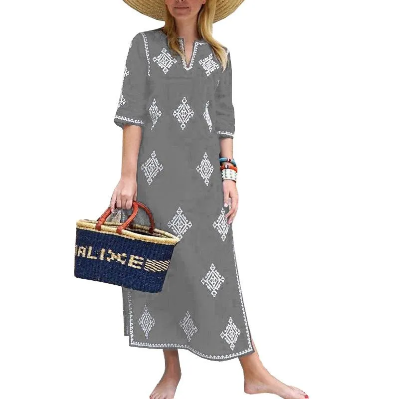 Casual Floral V-neck Mid-Sleeve Loose Split Women Long Dress