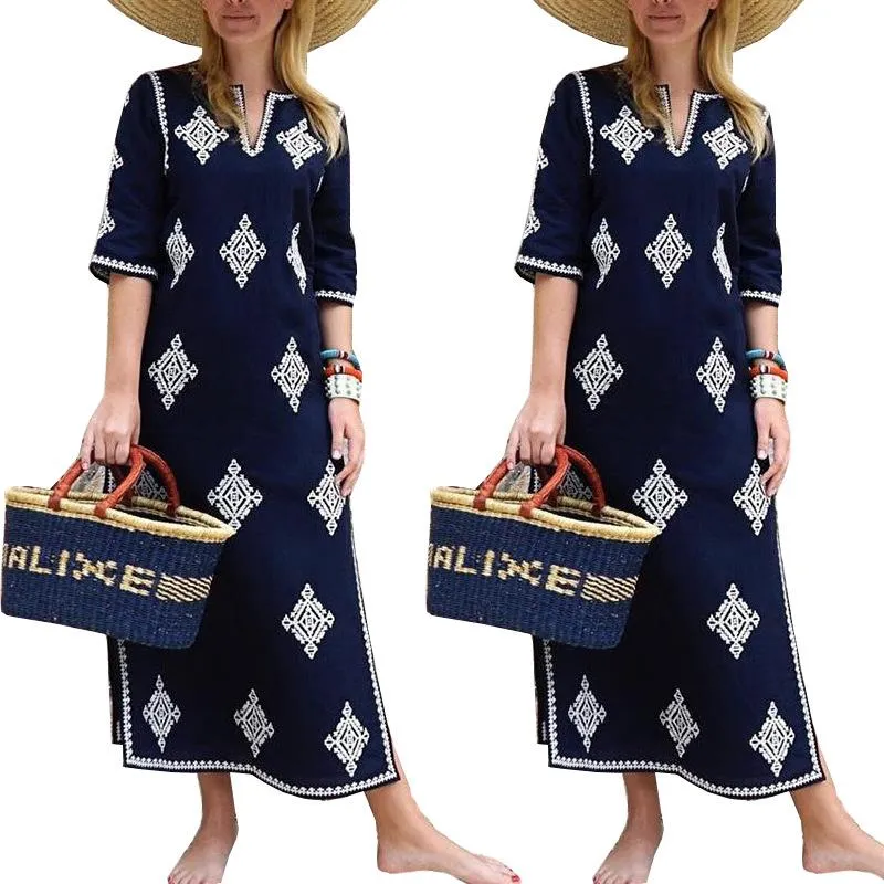 Casual Floral V-neck Mid-Sleeve Loose Split Women Long Dress