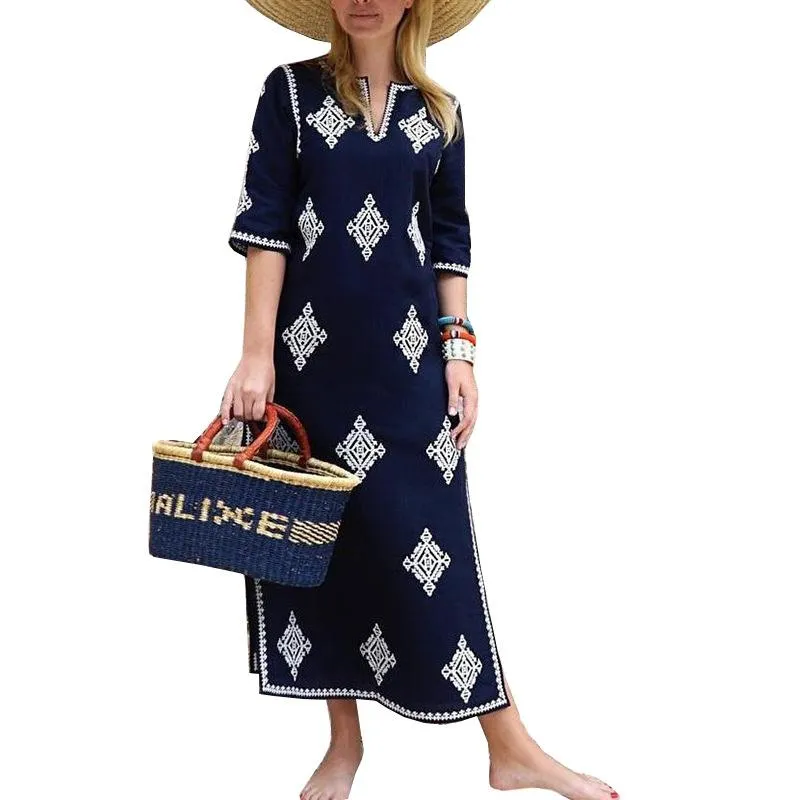 Casual Floral V-neck Mid-Sleeve Loose Split Women Long Dress