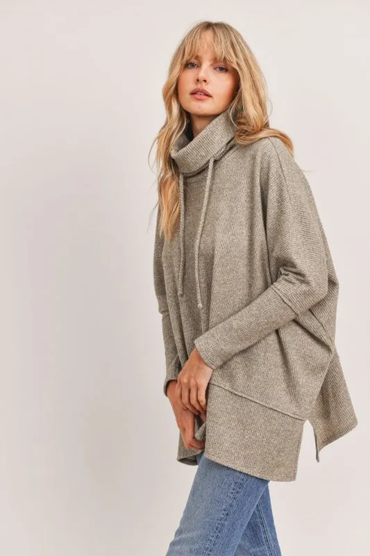 Cherish Brushed Thermal Drawstring Turtleneck Top -  Heather Olive