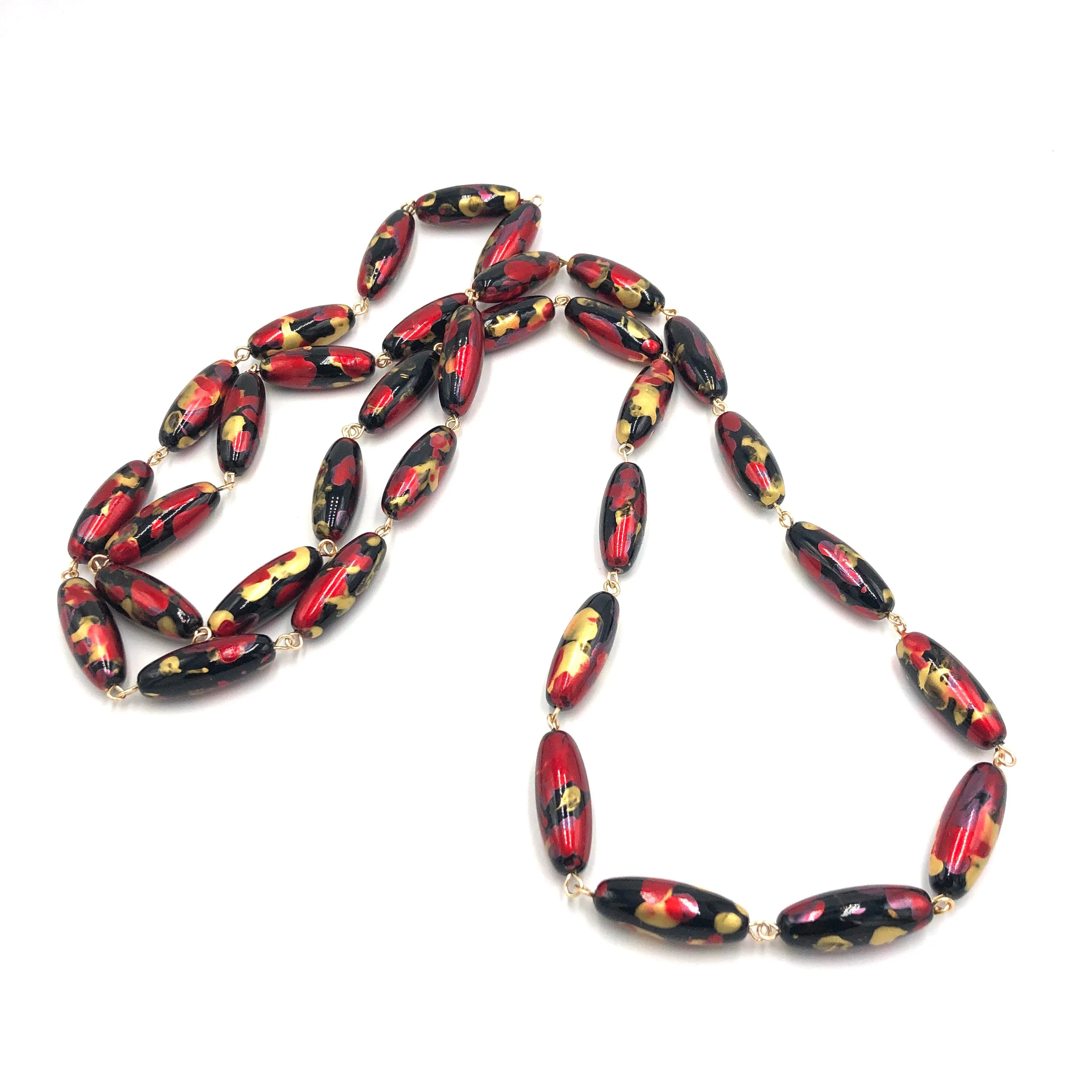 Cherry Red & Gold Oval Painter Opera Necklace