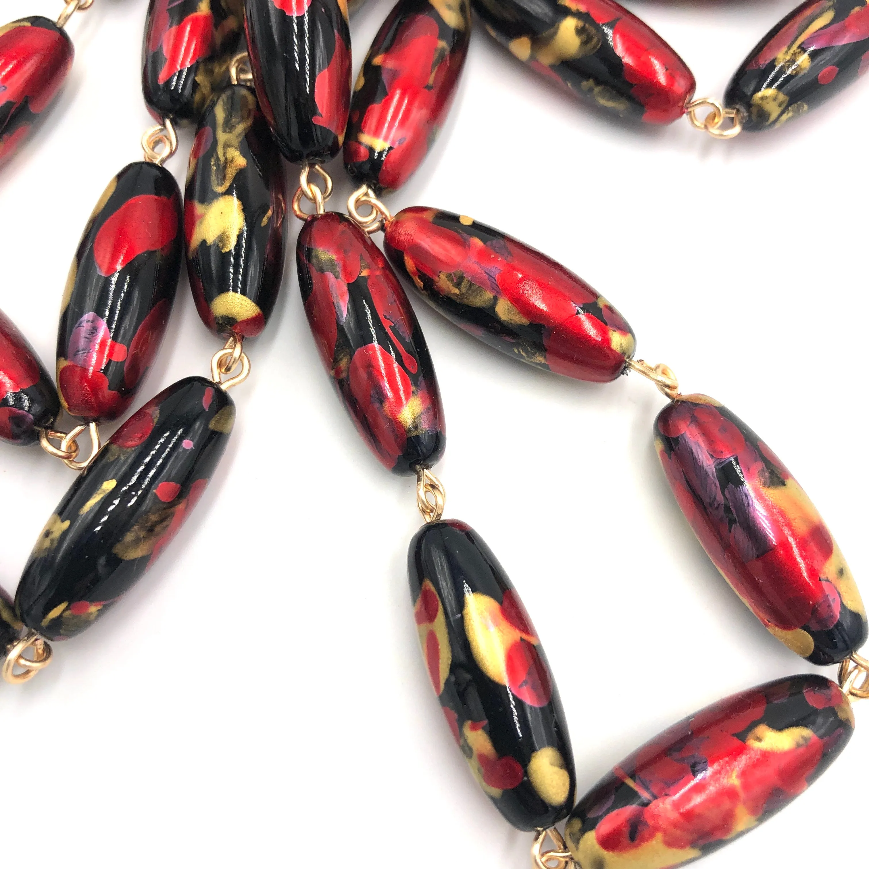 Cherry Red & Gold Oval Painter Opera Necklace