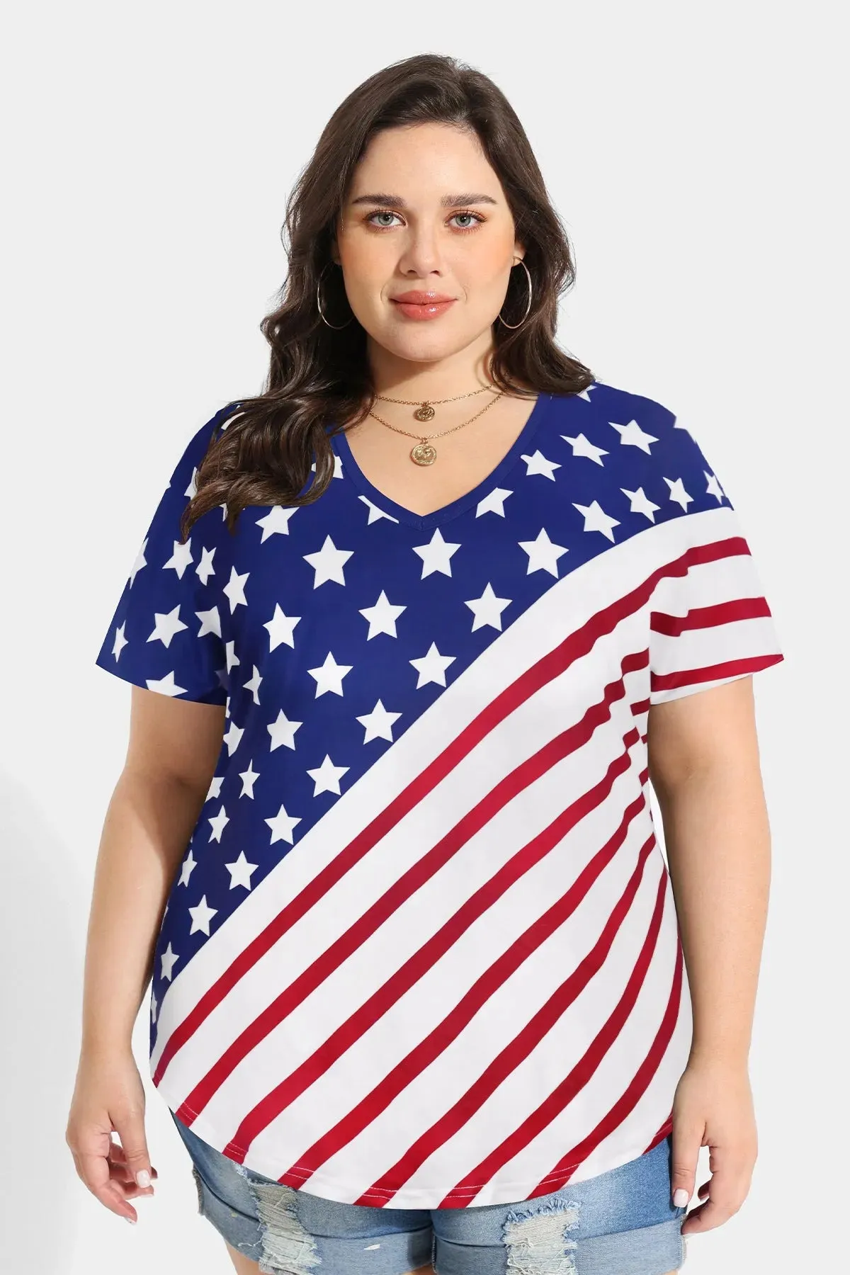 Colorblock Stars Stripe Sexy V Neck Tunic