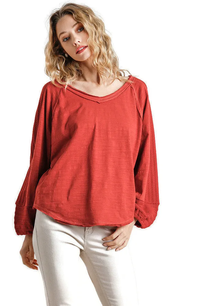 Contrast Knit Puff Sleeve Top, Brick