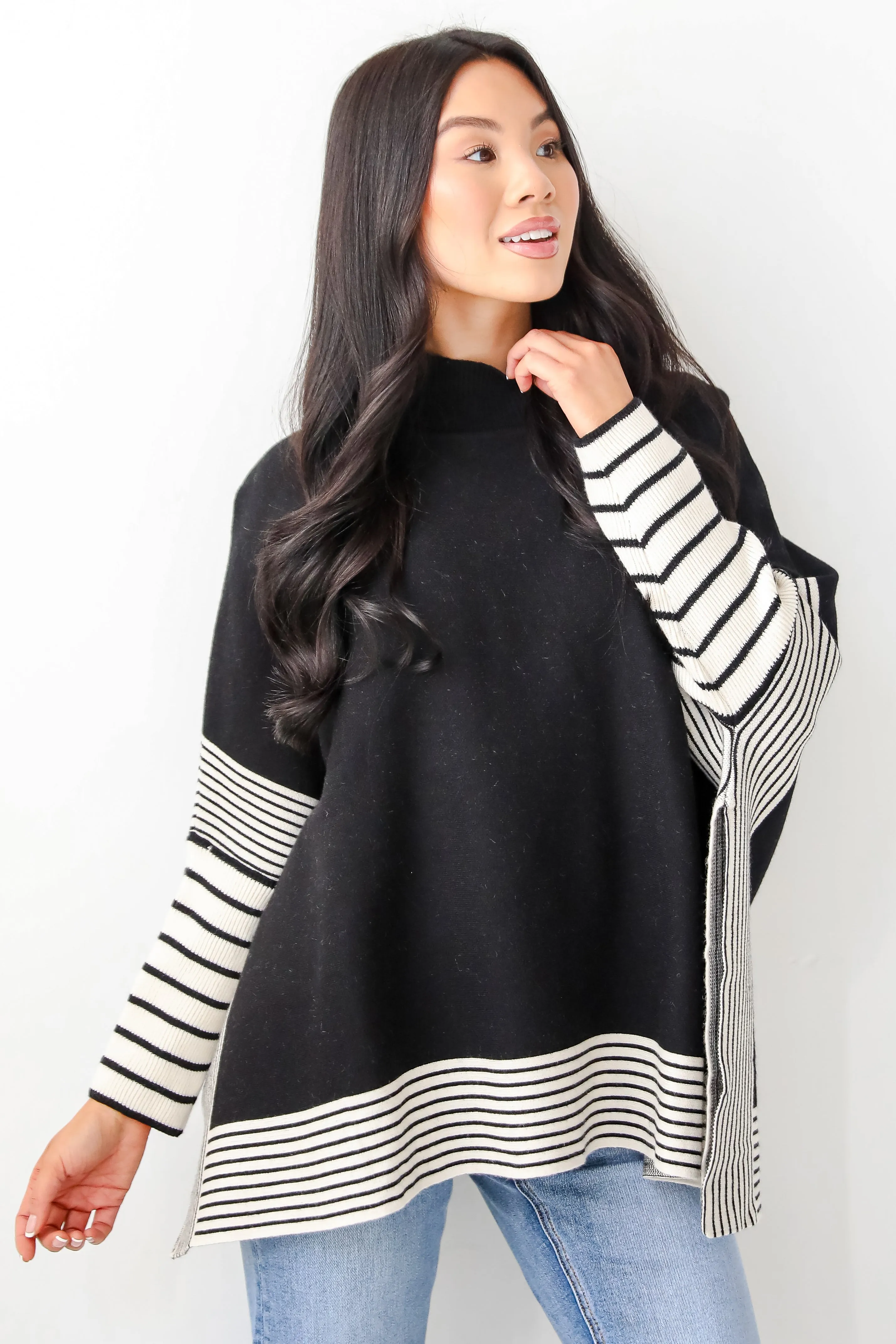 Cultivated Essential Black Striped Sweater Poncho