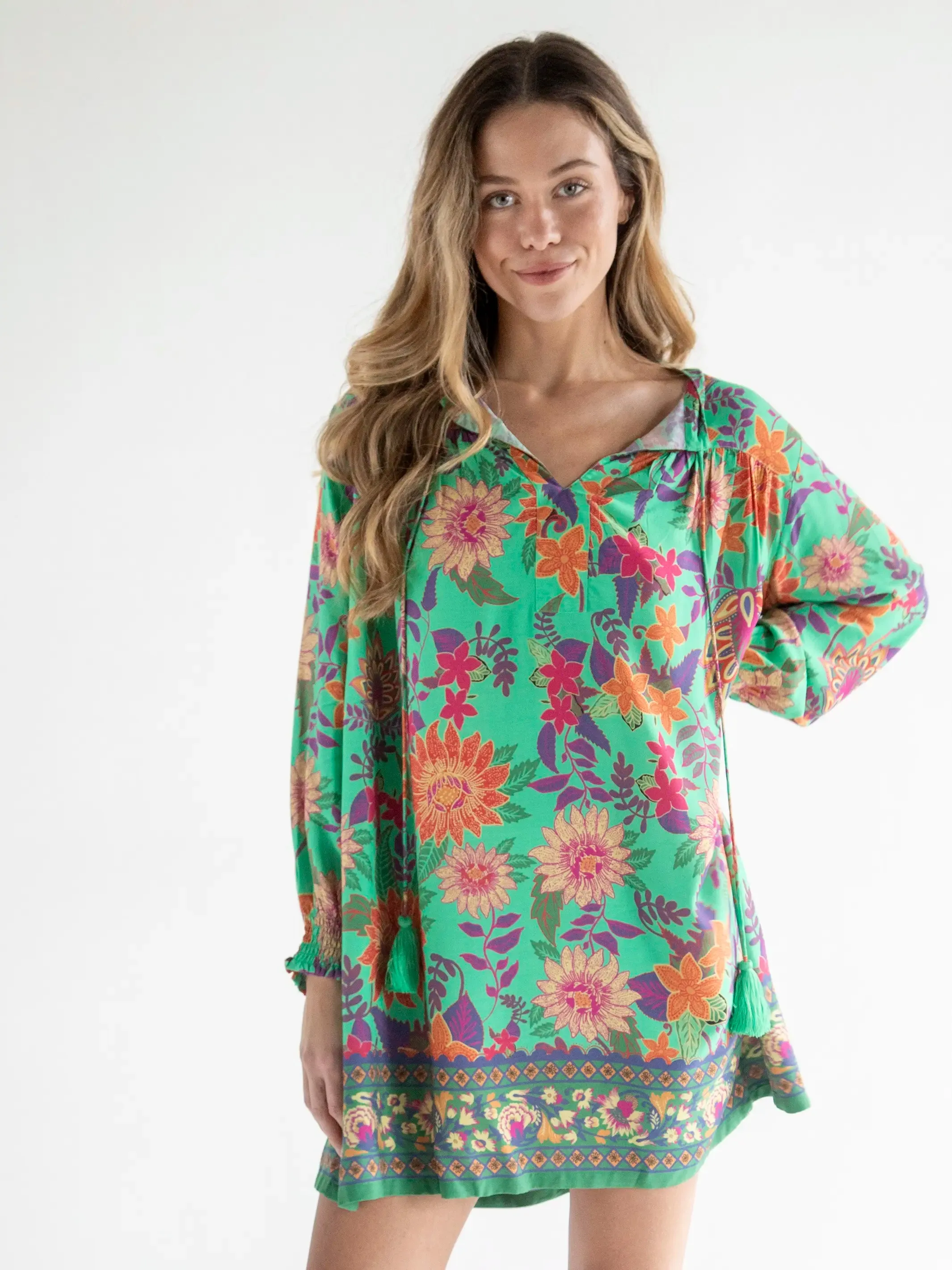 Dara V-Neck Tunic Dress - Bright Green Floral