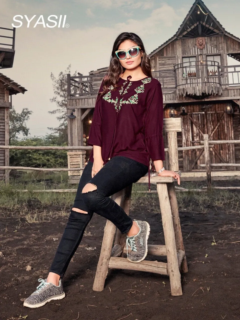 Designer Rayon Maroon tunic top for Ladies