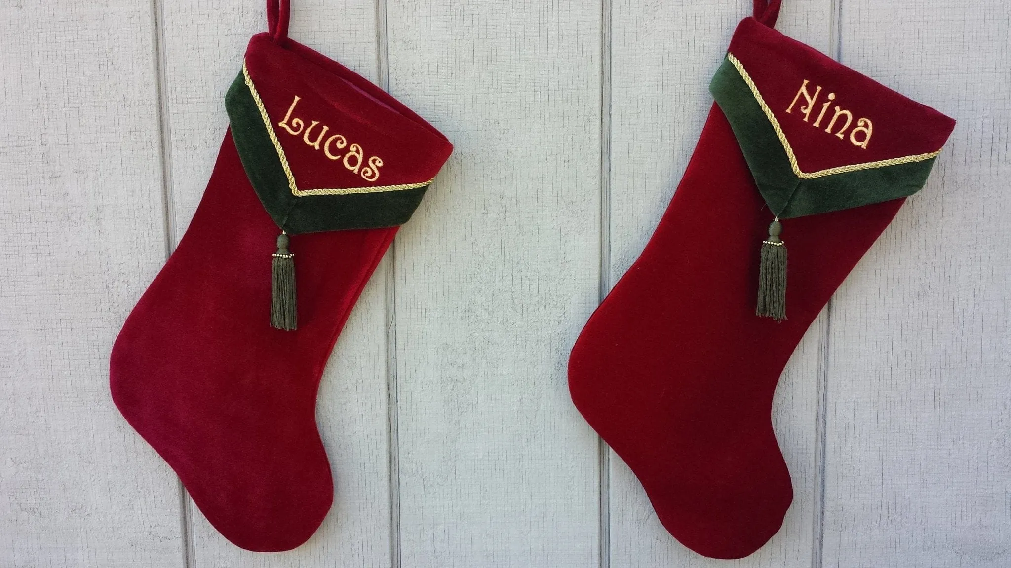 Designer Velvet Christmas Stockings V-Cuff Tassel - Custom Embroidered with Names