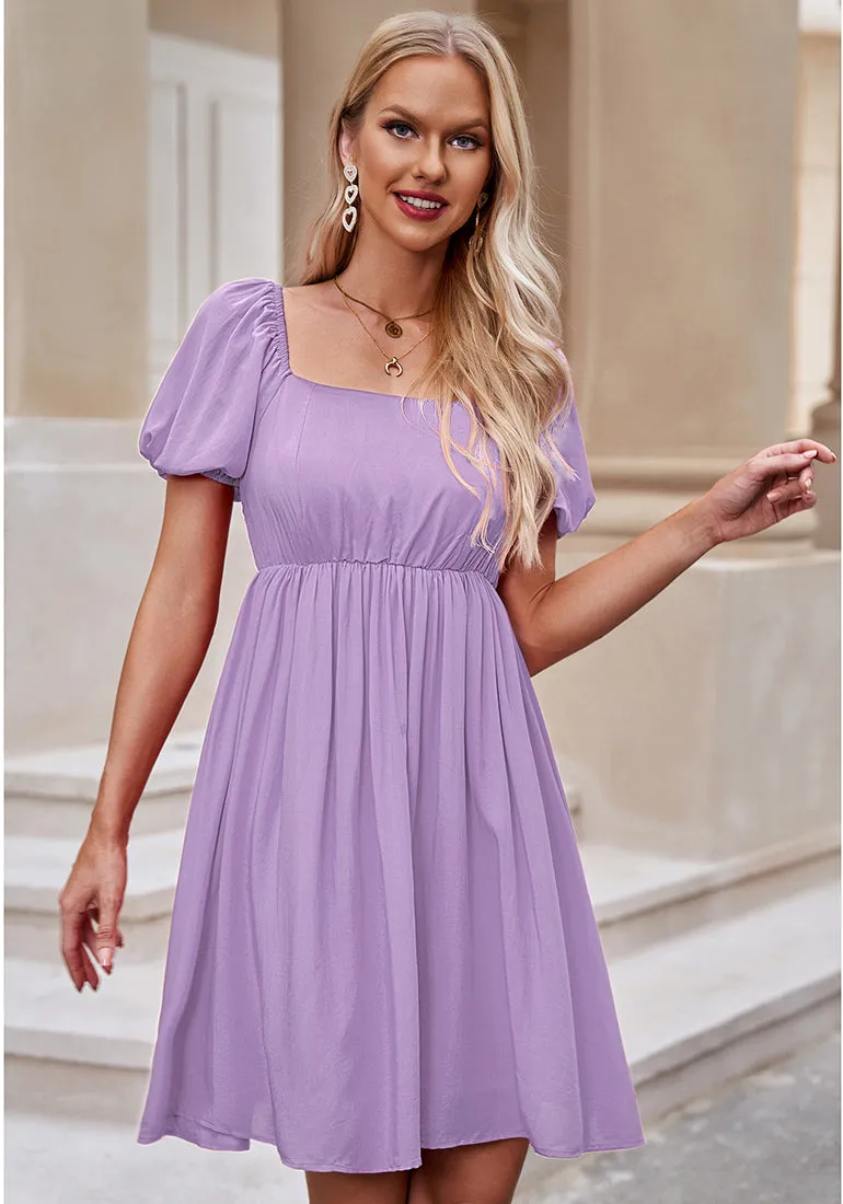 Digital Lavender Women's Off the Shoulder Puff Sleeve Square Neck A-Line Babydoll Dresses