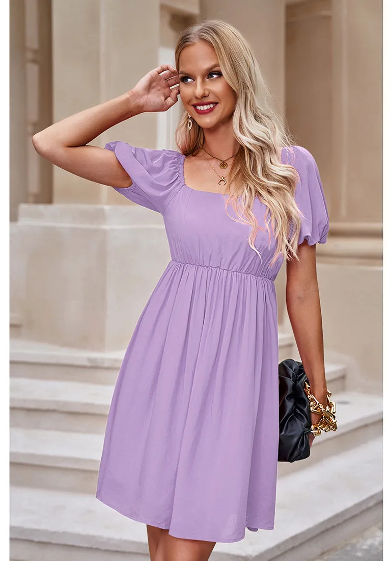 Digital Lavender Women's Off the Shoulder Puff Sleeve Square Neck A-Line Babydoll Dresses