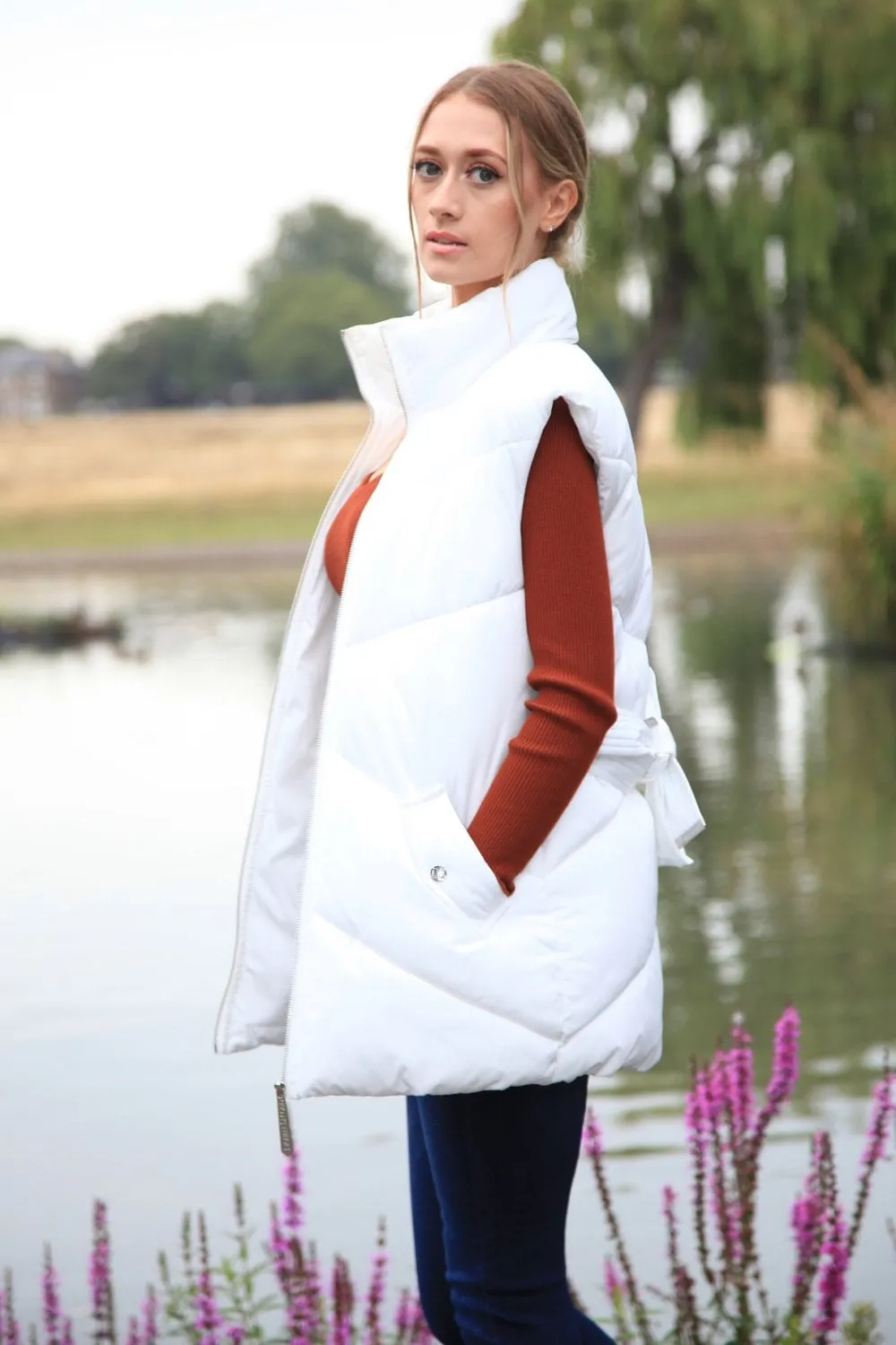 Double Second White Belted Gilet Puffer