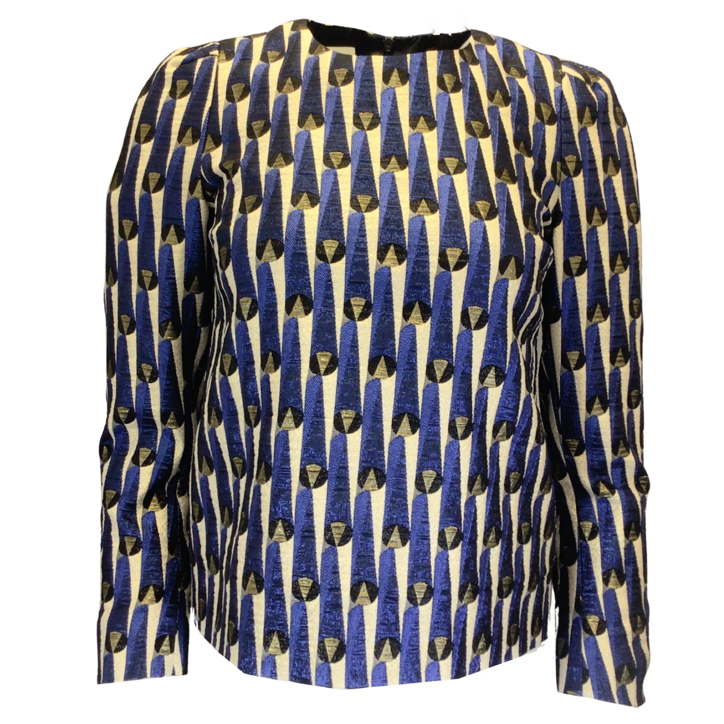 Dries van Noten Blue / Ivory / Gold Metallic Long Sleeved Jacquard Top