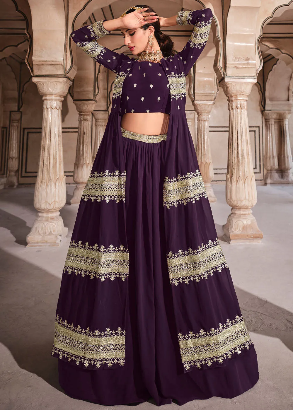 Eggplant Purple Georgette Lehenga Choli with Zari & Sequins Work