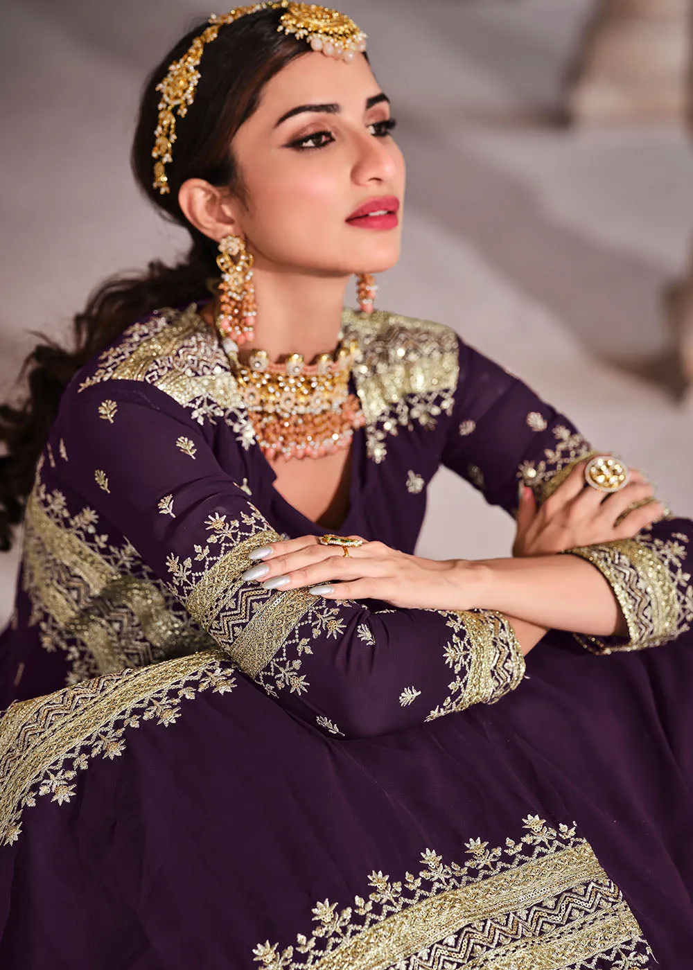 Eggplant Purple Georgette Lehenga Choli with Zari & Sequins Work