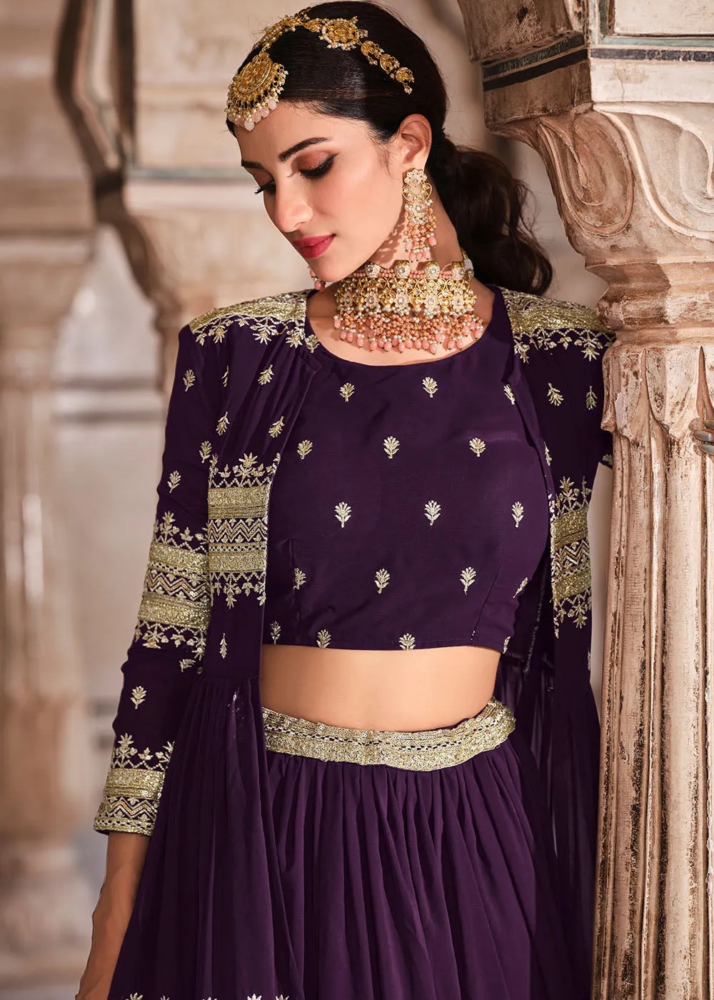 Eggplant Purple Georgette Lehenga Choli with Zari & Sequins Work