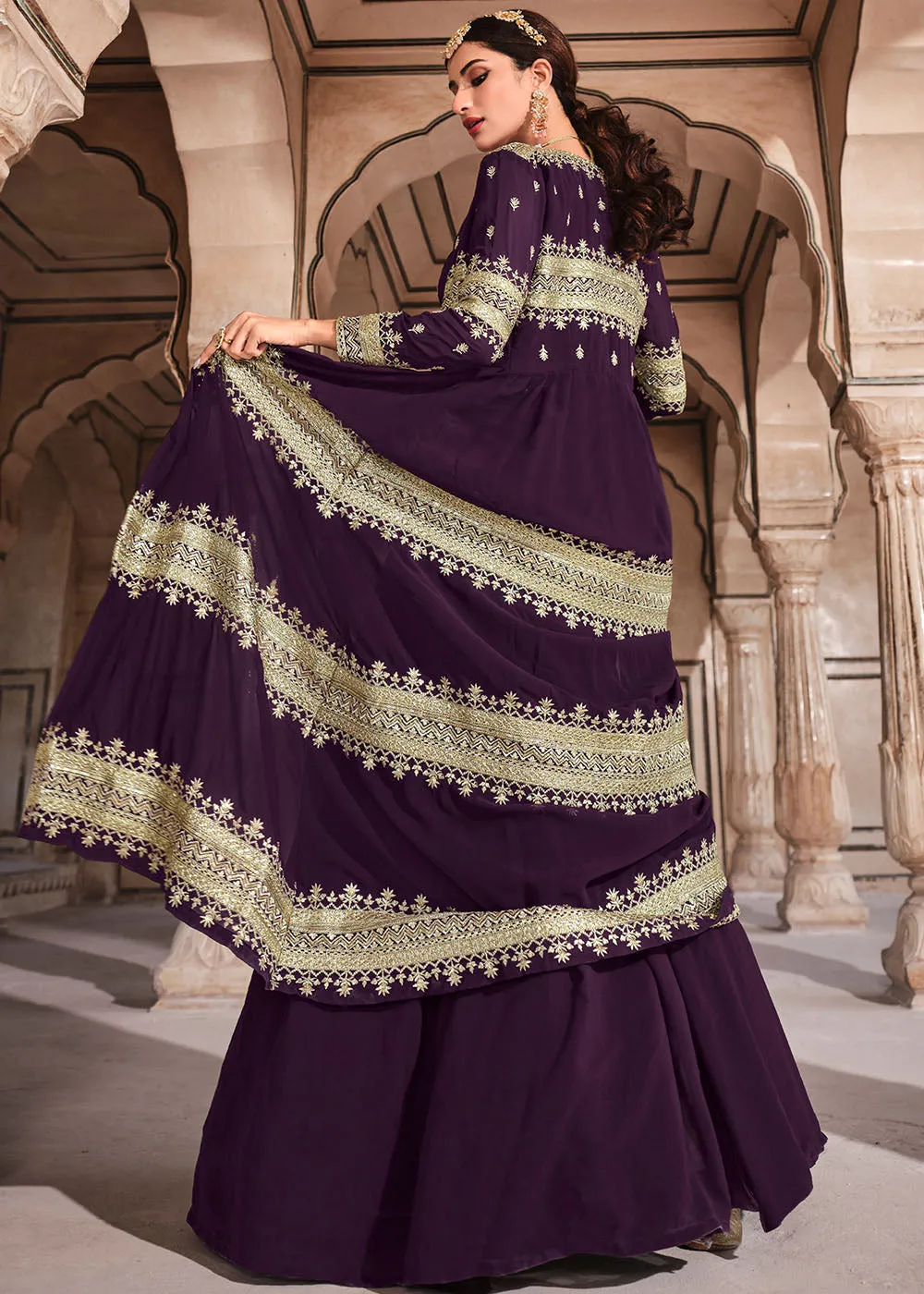 Eggplant Purple Georgette Lehenga Choli with Zari & Sequins Work