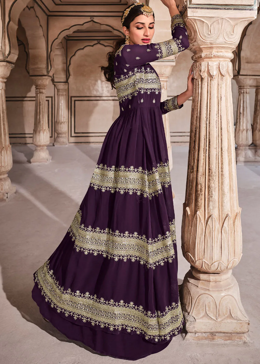 Eggplant Purple Georgette Lehenga Choli with Zari & Sequins Work