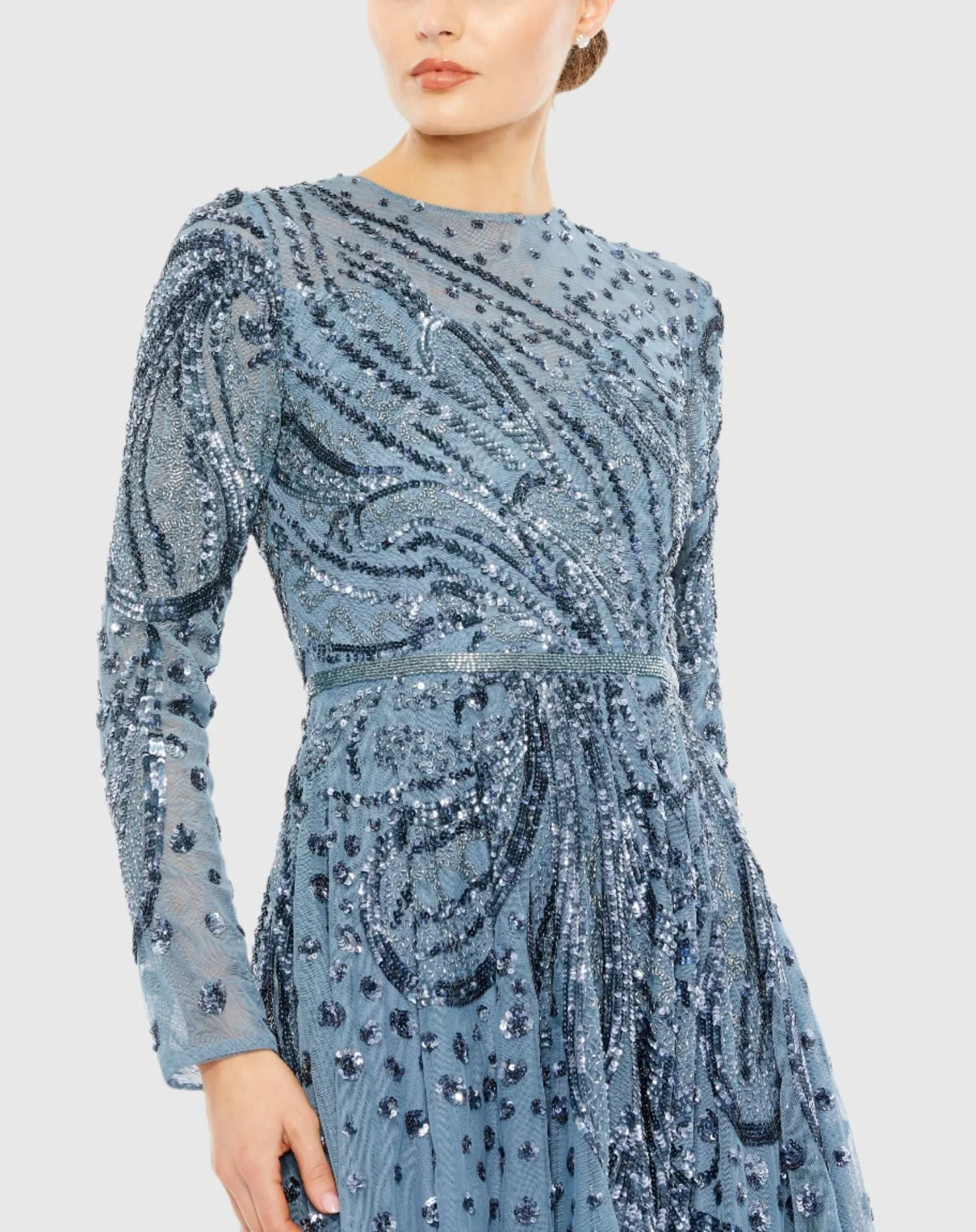 Embellished Illusion High Neck Long Sleeve Dress