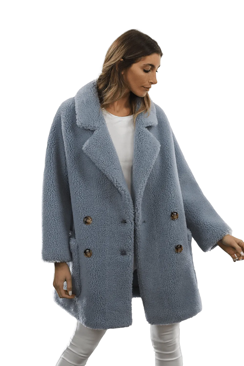 Faux Fur Teddy Coat with Pockets - Blue