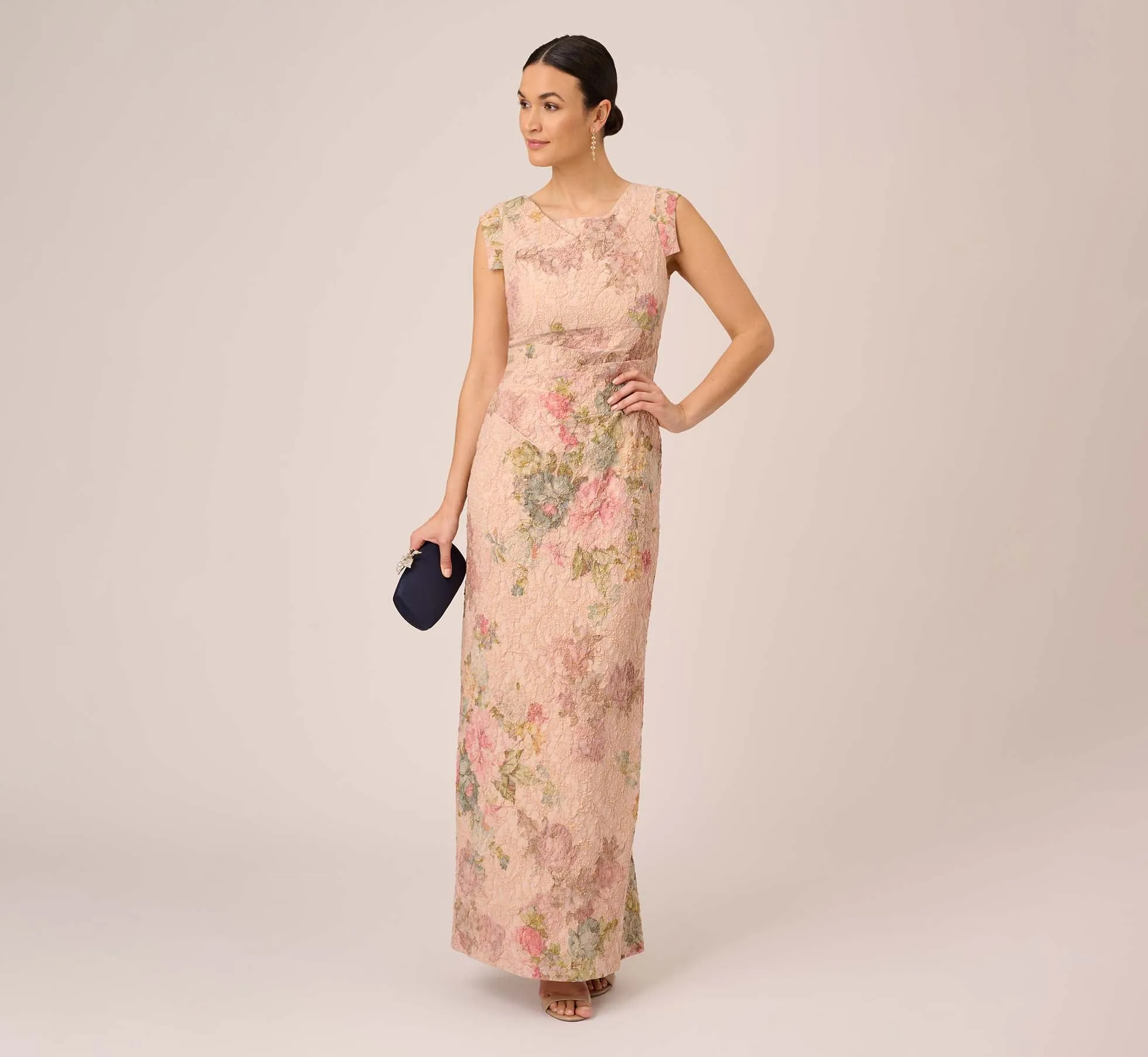 Floral Metallic Stretch Matelasse Long Column Gown In Pink Multi