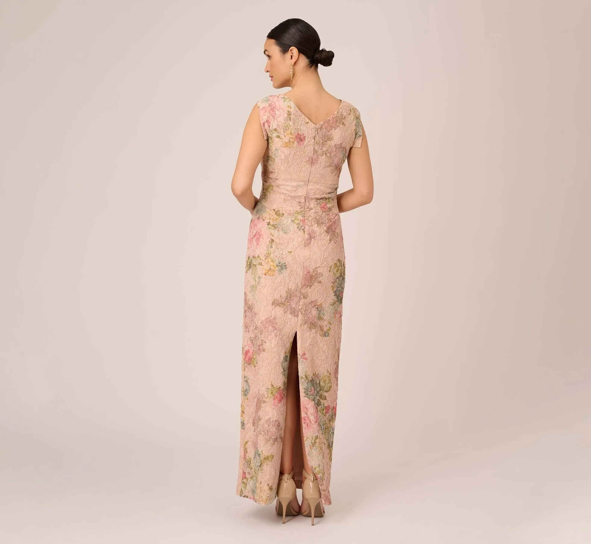 Floral Metallic Stretch Matelasse Long Column Gown In Pink Multi