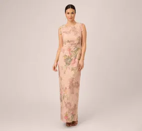 Floral Metallic Stretch Matelasse Long Column Gown In Pink Multi