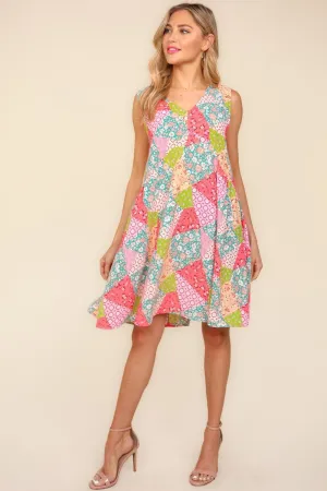 Full Size Babydoll Floral Patchwork Dress with Side Pockets