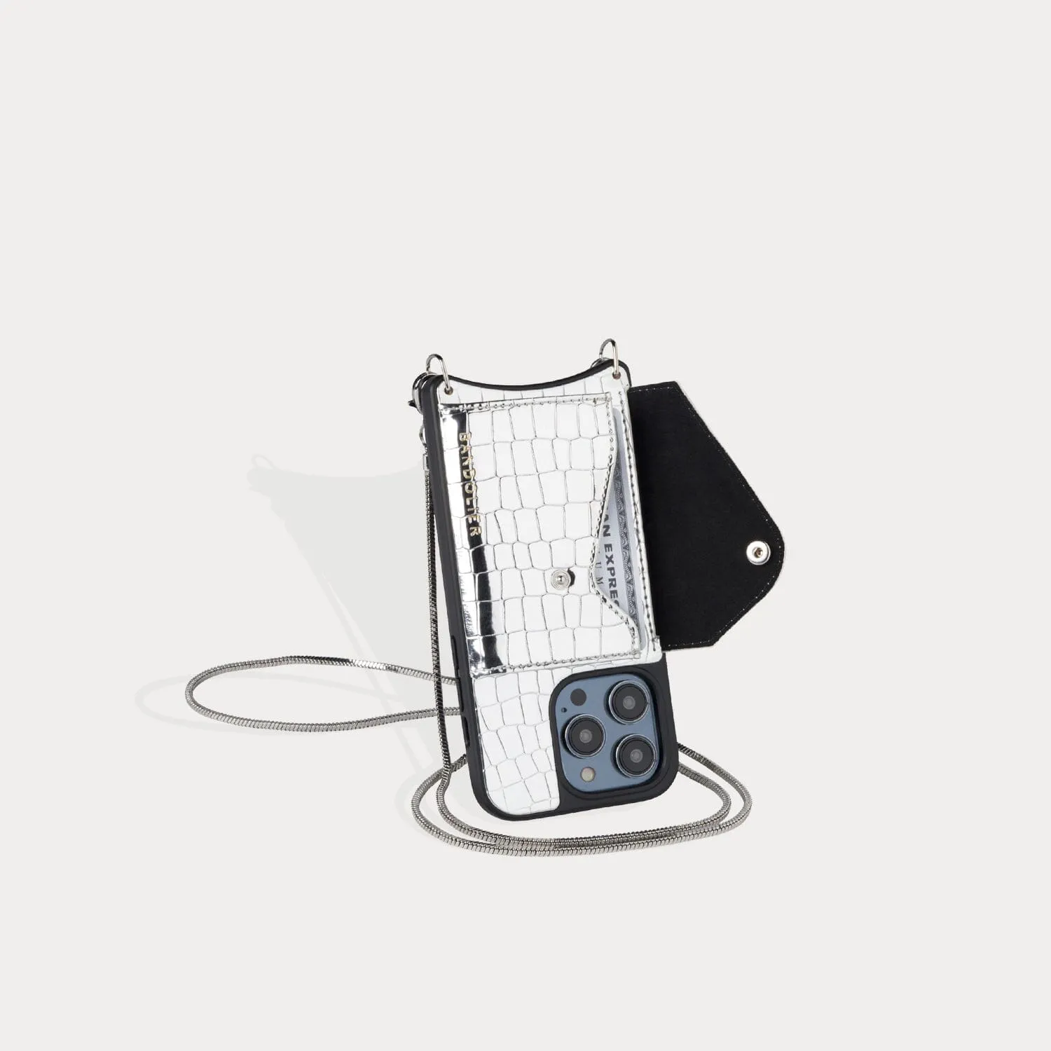 Gia Side Slot Crossbody Bandolier - Croc Metallic Silver/Silver