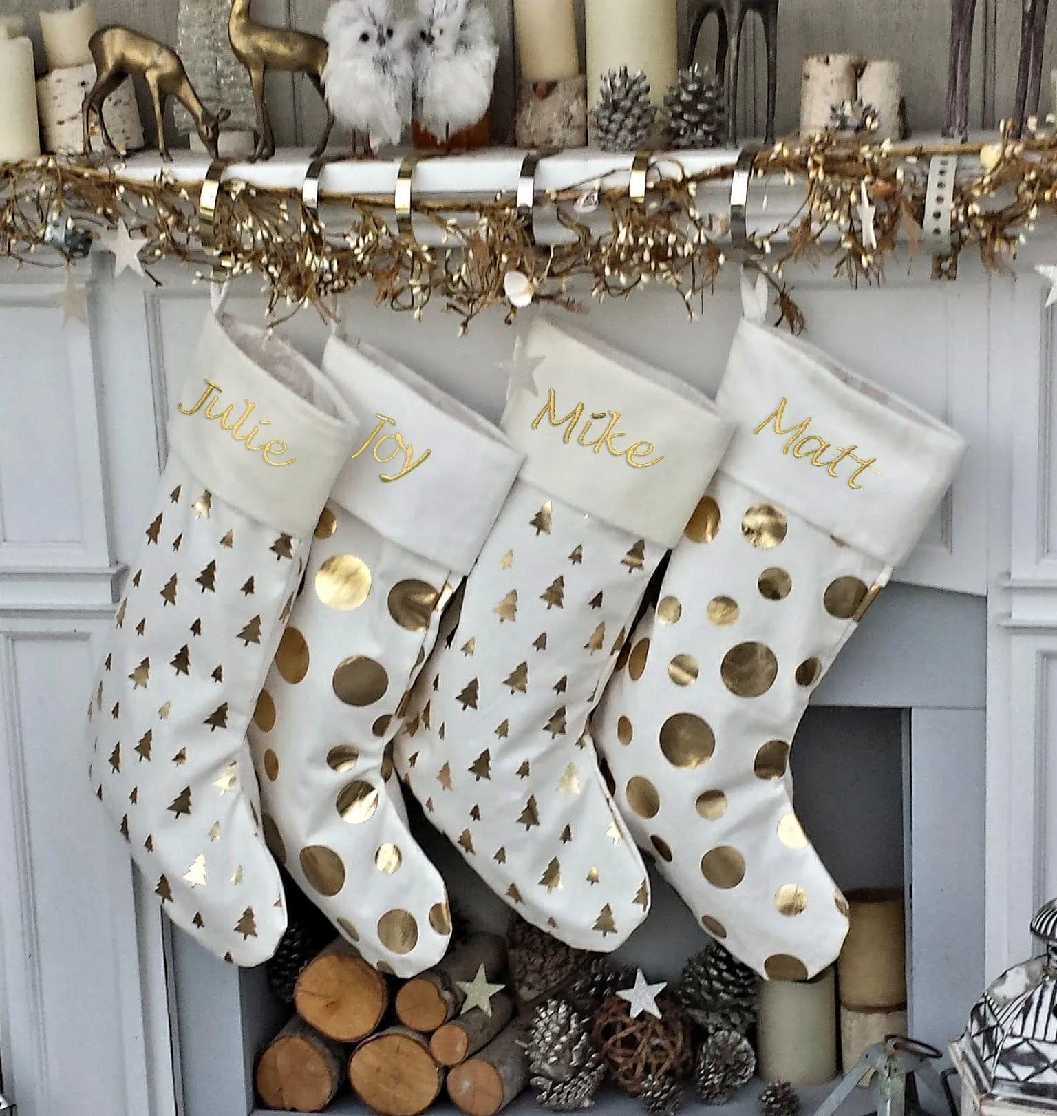 Glam Dots Trees GOLD FOIL Ivory White Elegant Christmas Stockings - Personalized with Names in Holiday Metallic Embroidery  -  Modern Trendy