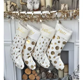 Glam Dots Trees GOLD FOIL Ivory White Elegant Christmas Stockings - Personalized with Names in Holiday Metallic Embroidery  -  Modern Trendy