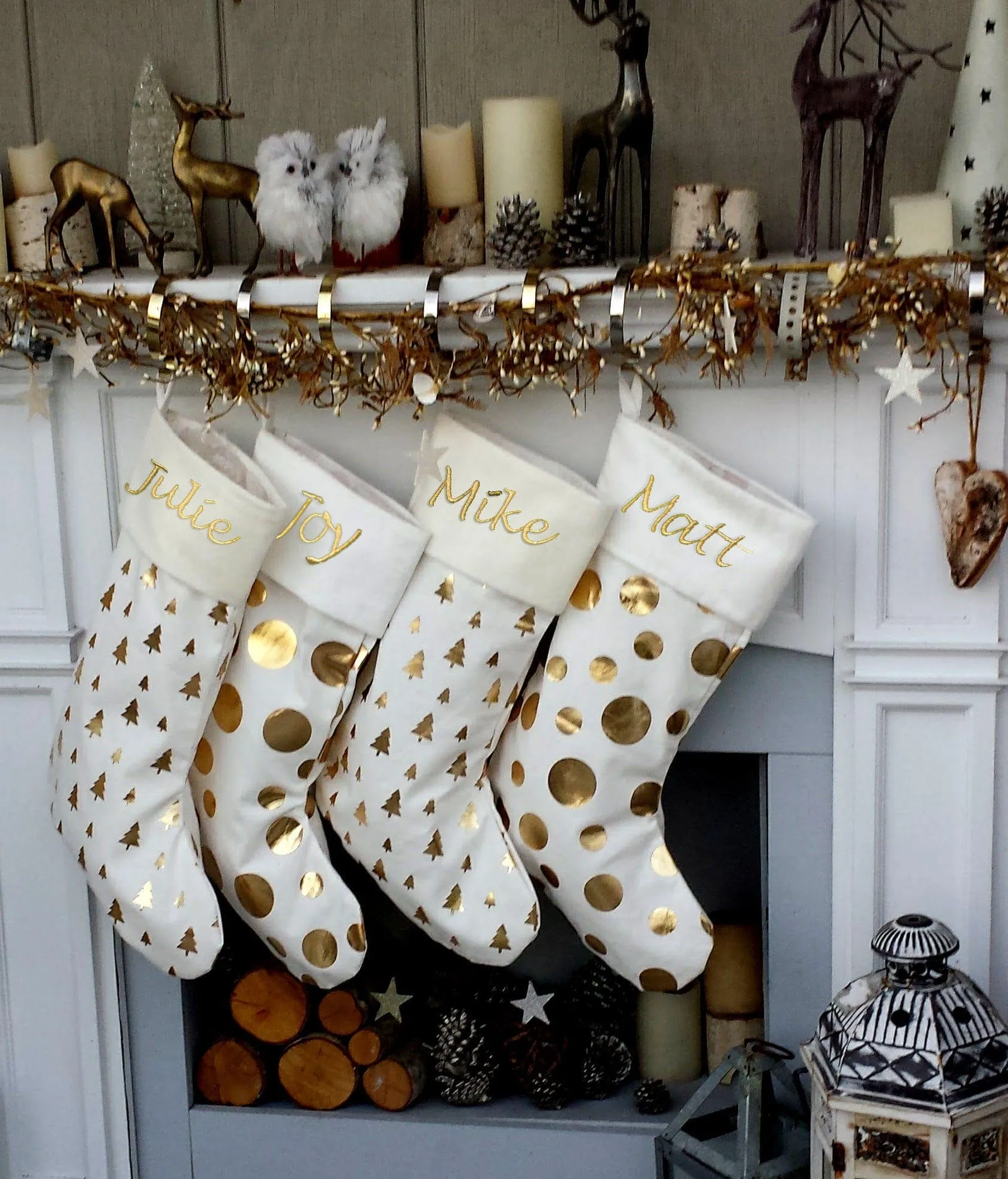 Glam Dots Trees GOLD FOIL Ivory White Elegant Christmas Stockings - Personalized with Names in Holiday Metallic Embroidery  -  Modern Trendy