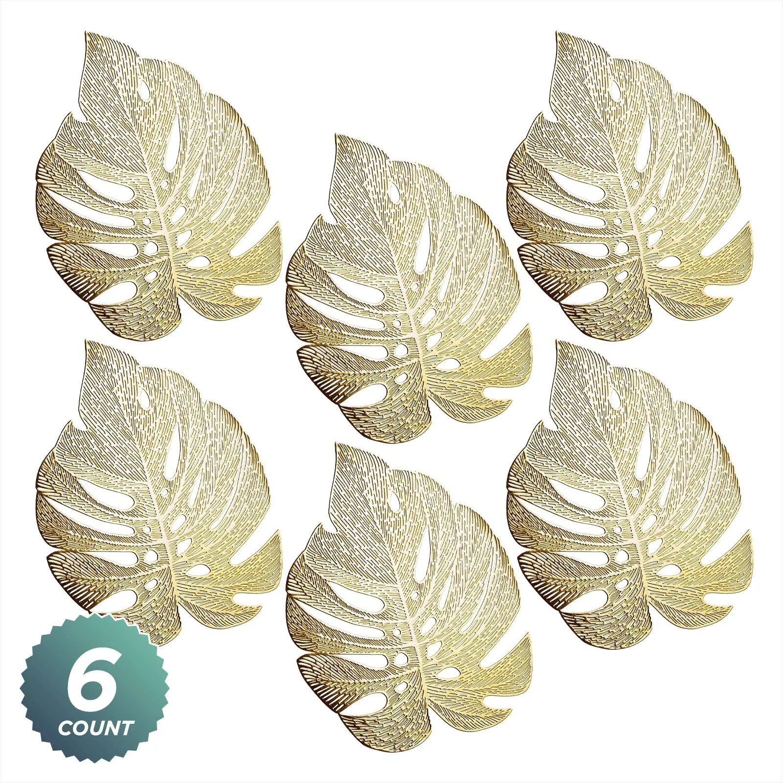 Gold Monstera Leaf Placemats - 18 Inch Non-Slip Vinyl Dining Table Charger Home Decor (Set of 6)