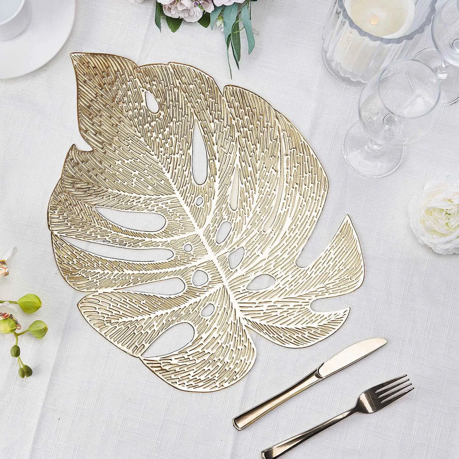 Gold Monstera Leaf Placemats - 18 Inch Non-Slip Vinyl Dining Table Charger Home Decor (Set of 6)