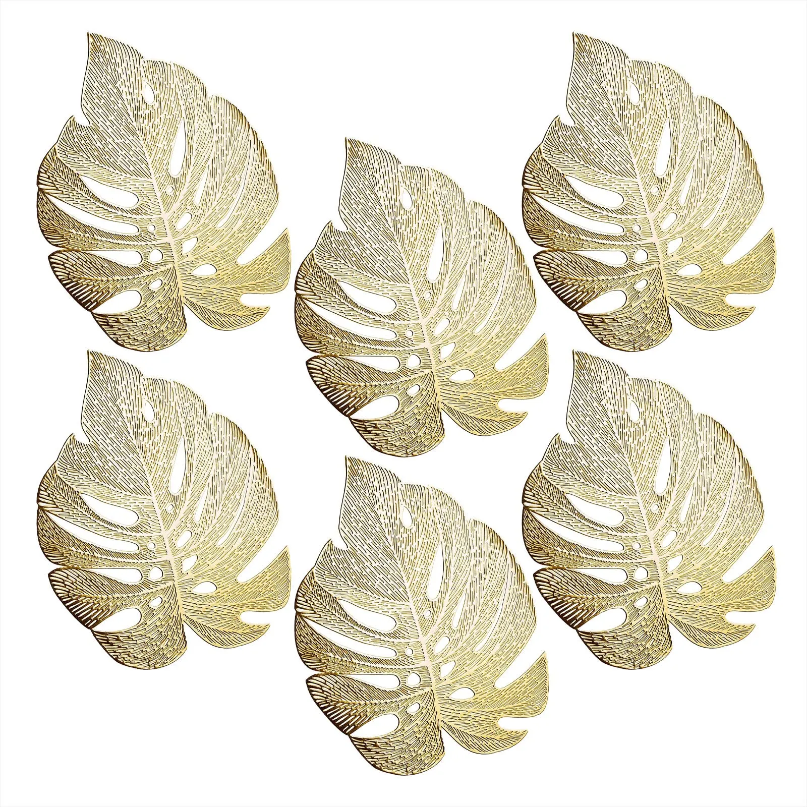 Gold Monstera Leaf Placemats - 18 Inch Non-Slip Vinyl Dining Table Charger Home Decor (Set of 6)