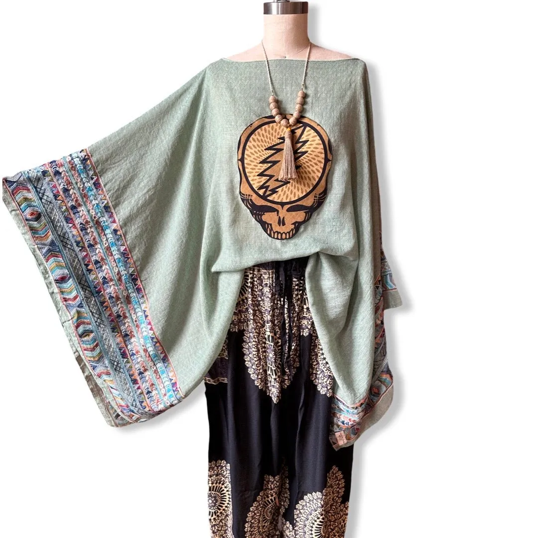 Grateful Dead Inspired Sage/Brown Embroidered Poncho