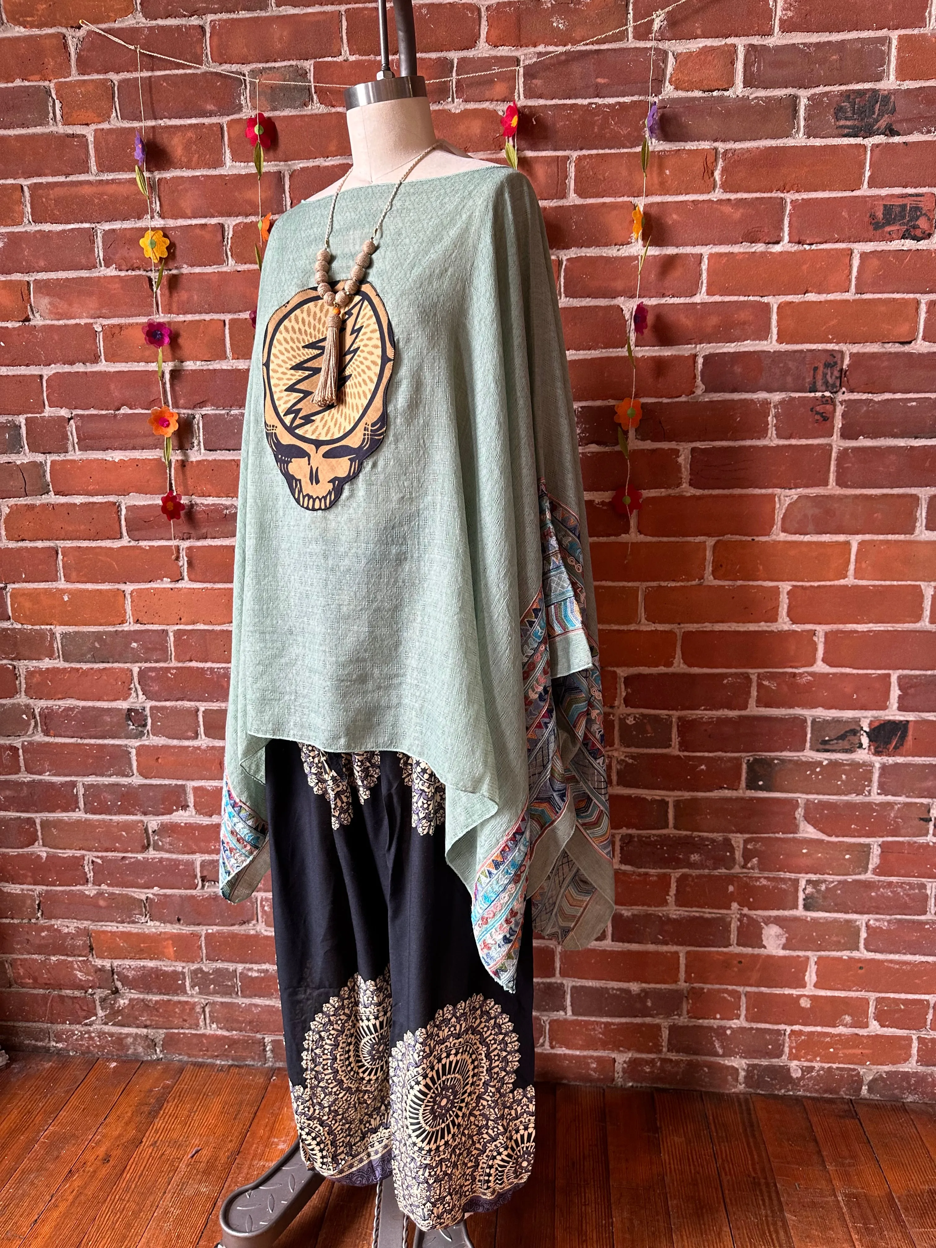 Grateful Dead Inspired Sage/Brown Embroidered Poncho