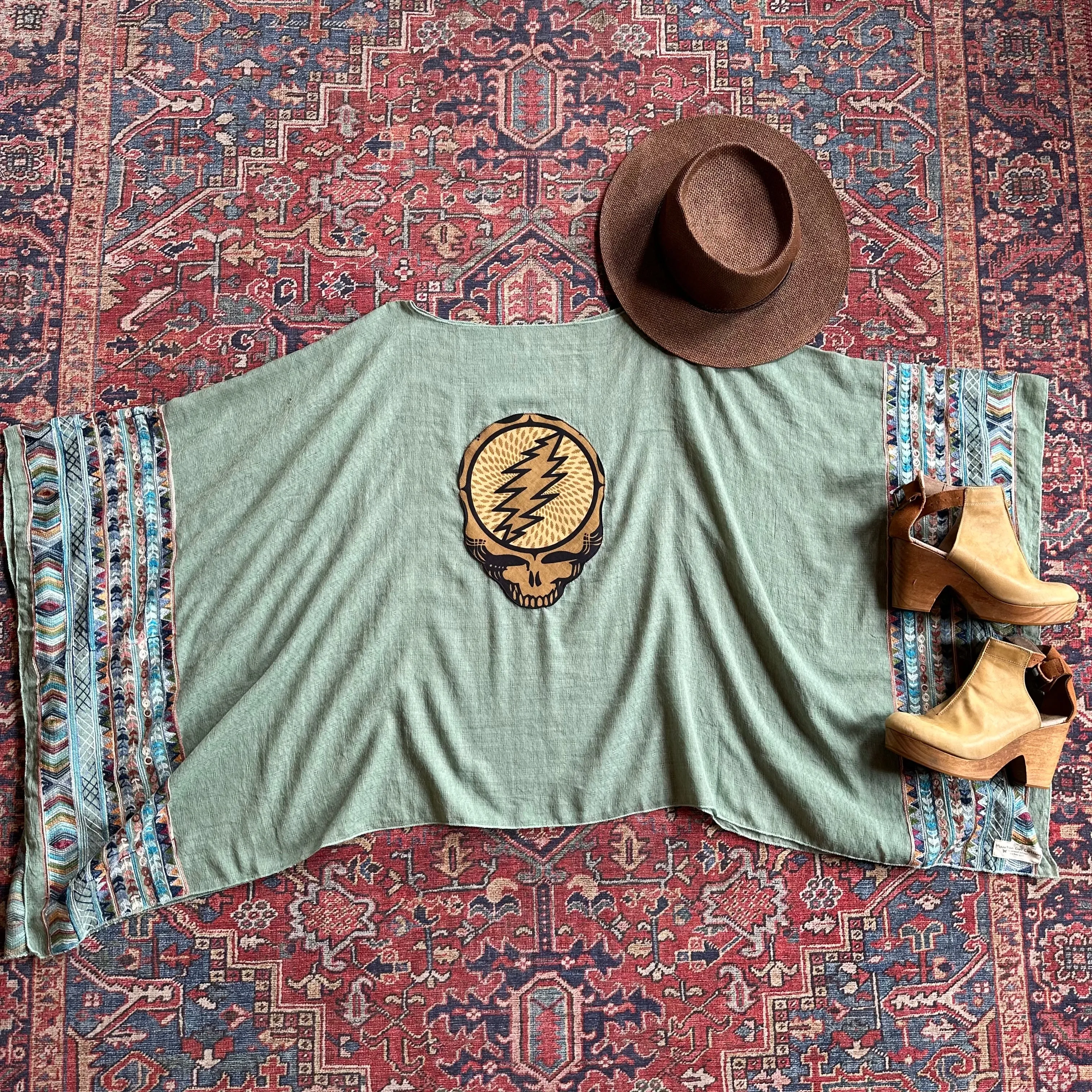 Grateful Dead Inspired Sage/Brown Embroidered Poncho