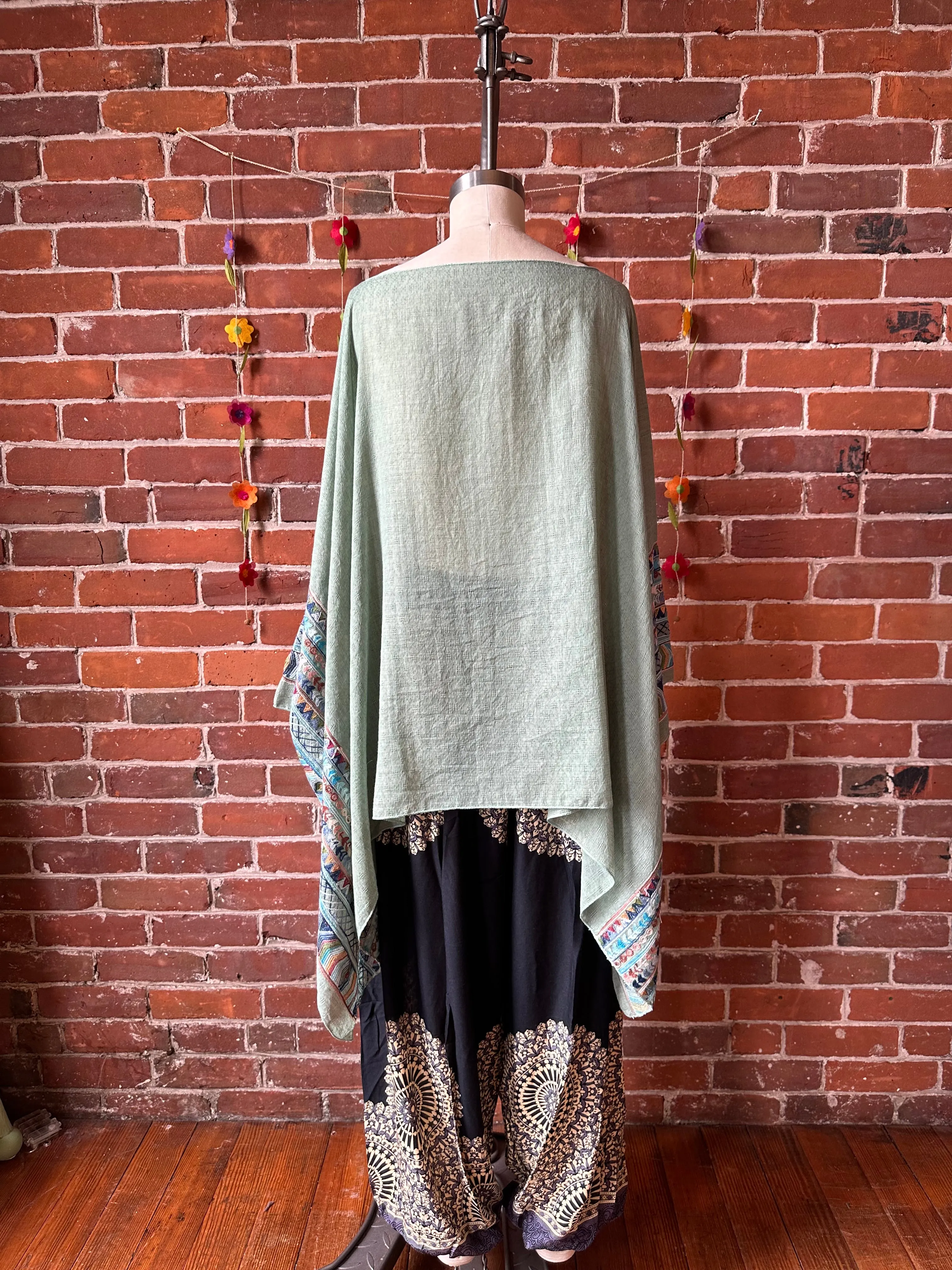 Grateful Dead Inspired Sage/Brown Embroidered Poncho