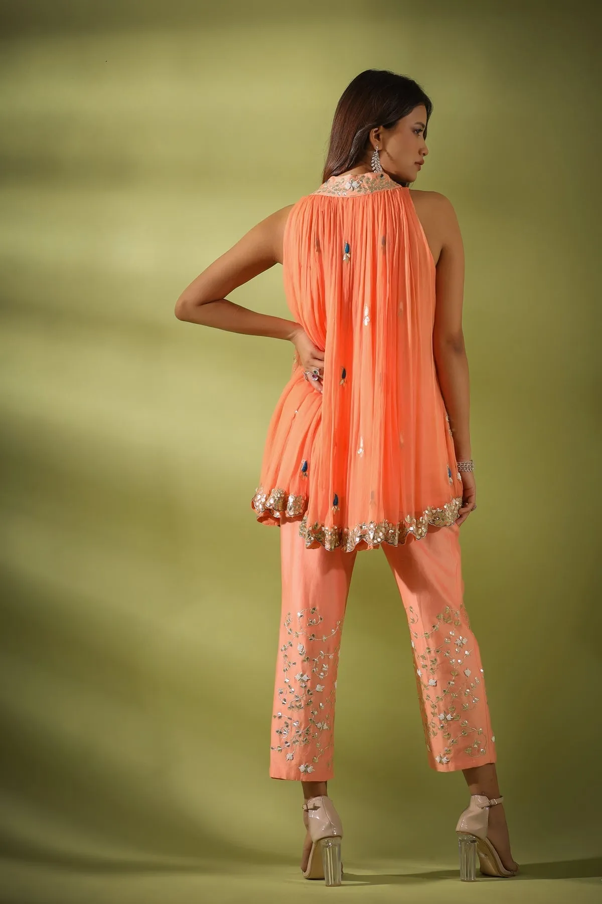 Haseena phool jaal gota patti tunic pants co-ord set in peach