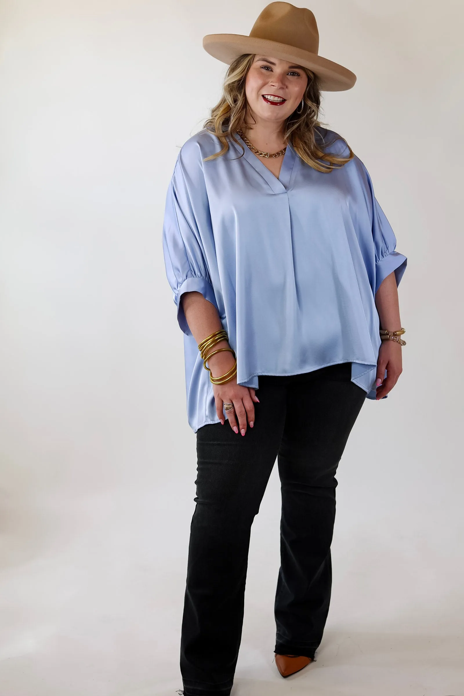 Irresistibly Chic Half Sleeve Oversized Blouse in Light Blue