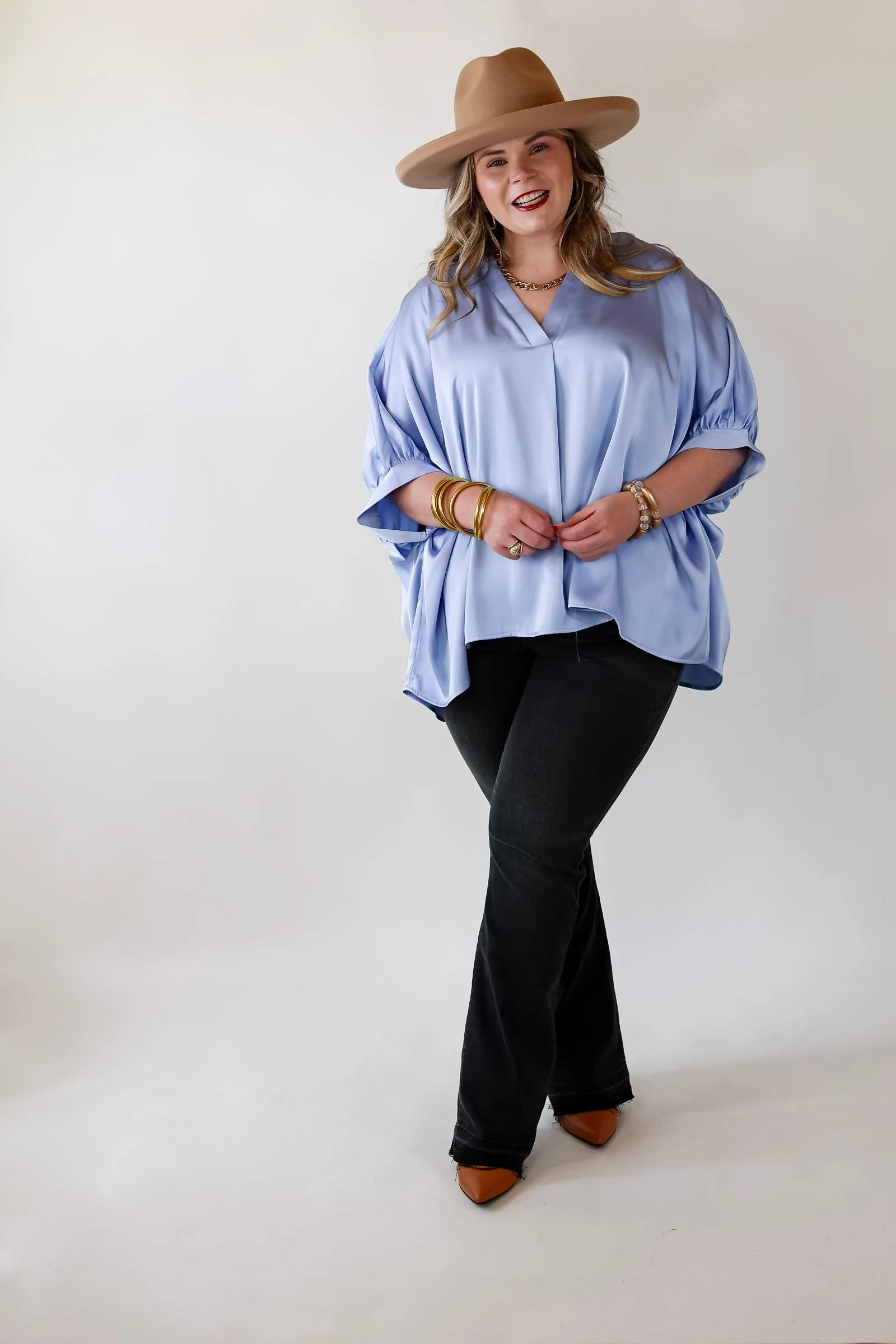 Irresistibly Chic Half Sleeve Oversized Blouse in Light Blue