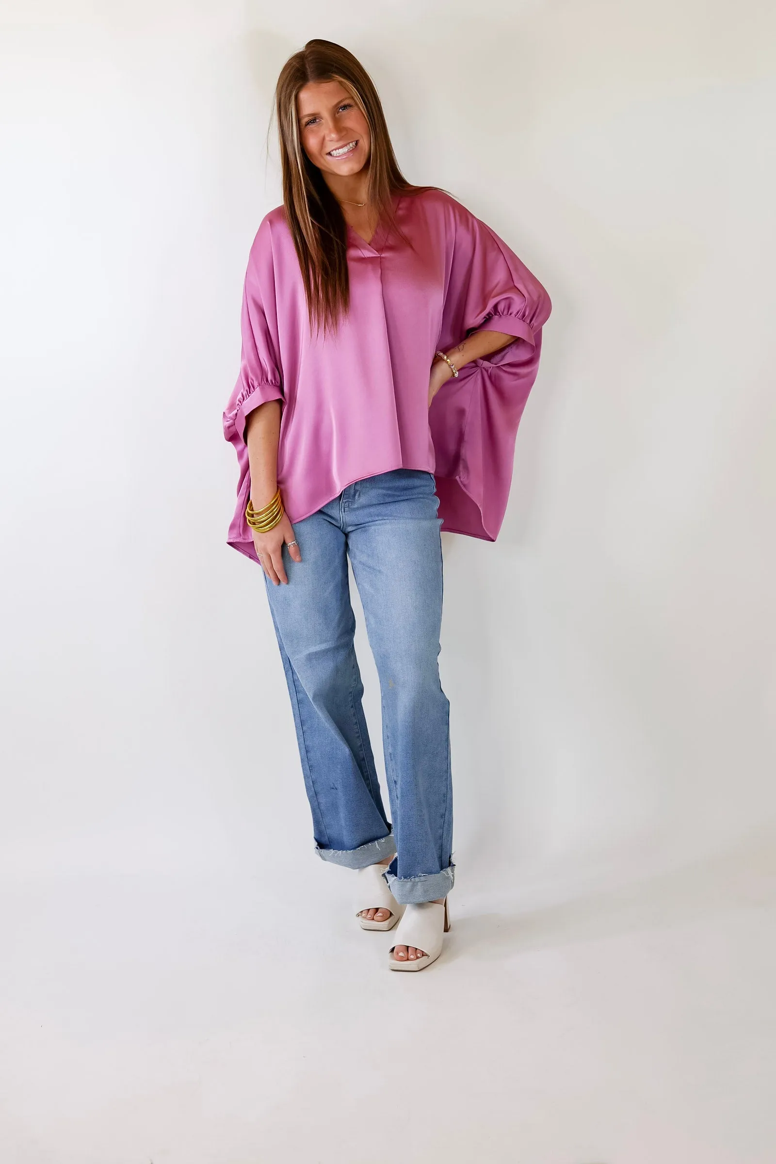 Irresistibly Chic Half Sleeve Oversized Blouse in Mauve Purple