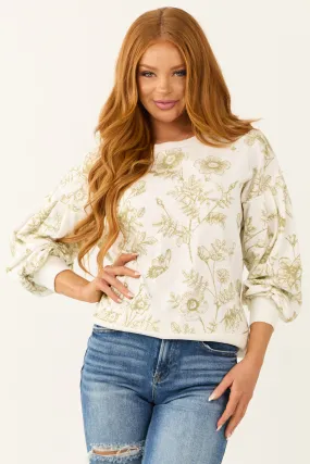 Ivory and Olive Floral Print Crew Neck Sweatshirt