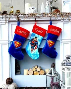 Kids SuperMan Christmas Stocking  Personalized Children's Embroidered Holiday for Boys Personalized - Officially Licensed Super Man