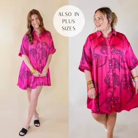 Last Chance Size Medium | Ready To Flaunt Button Up Leopard Print Satin Babydoll Dress in Pink