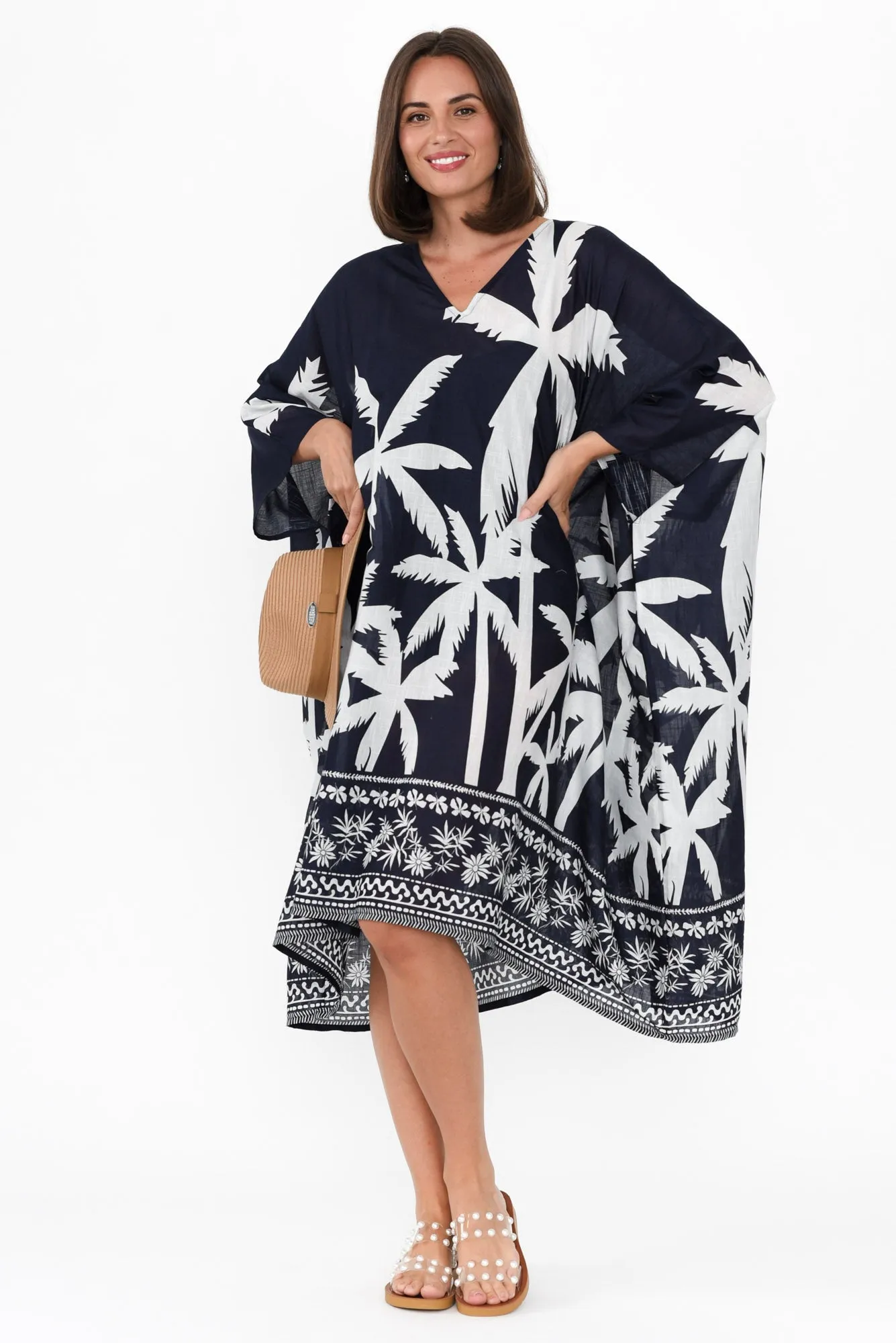 Layken Navy Palm Cotton Kaftan