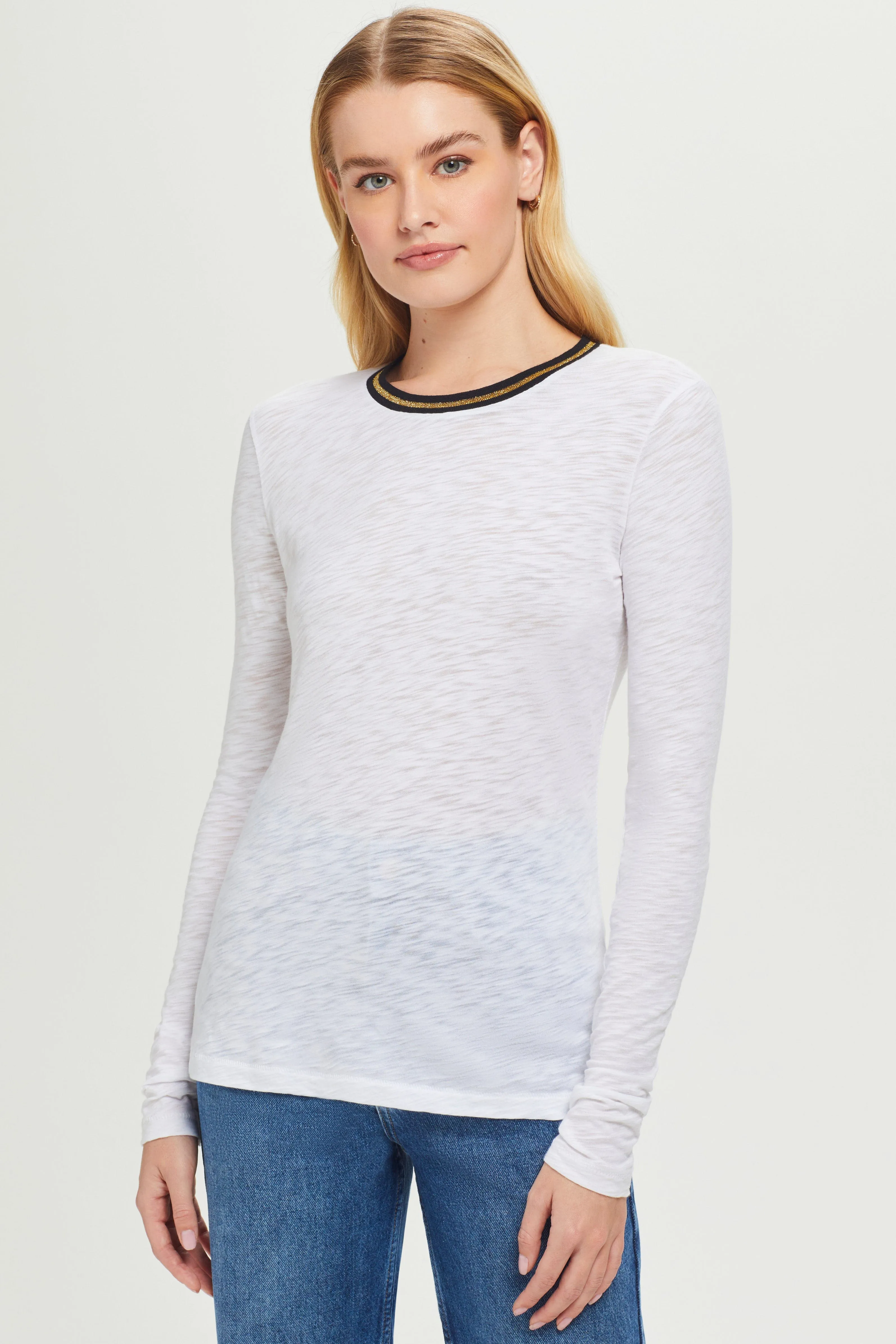 Long Sleeve Metallic Tipped Ringer Tee