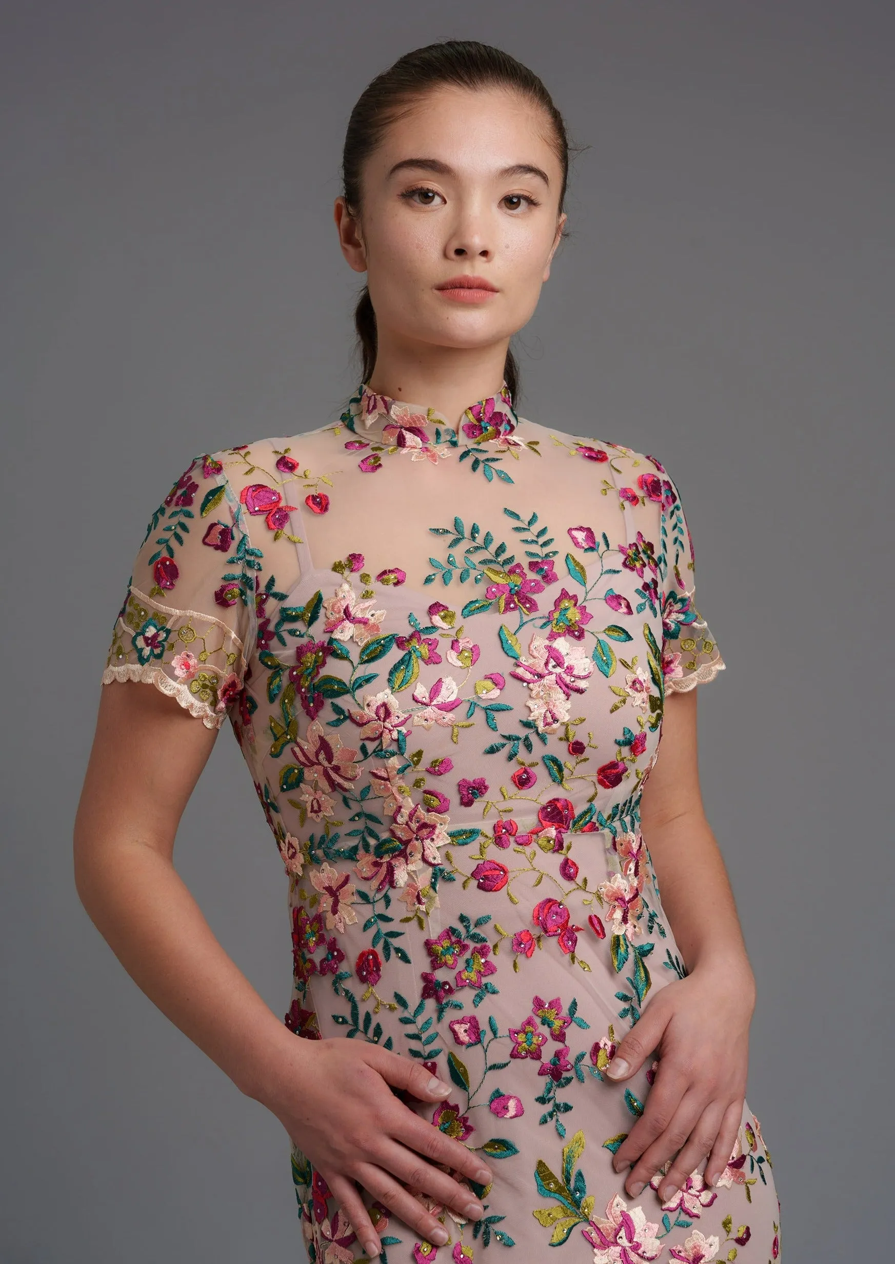 Lotus Short Sleeves Qipao Gown